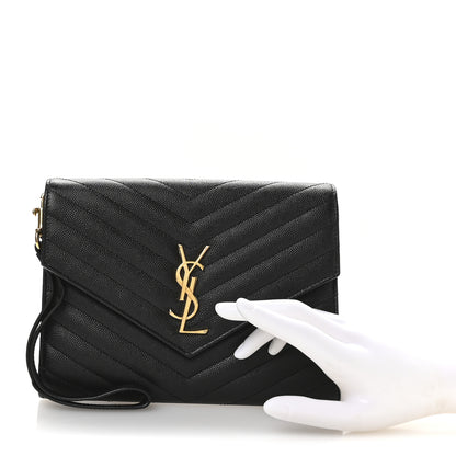 Saint Laurent Grain De Poudre Matelasse Chevron Monogram Envelope Clutch Black 2 of 8