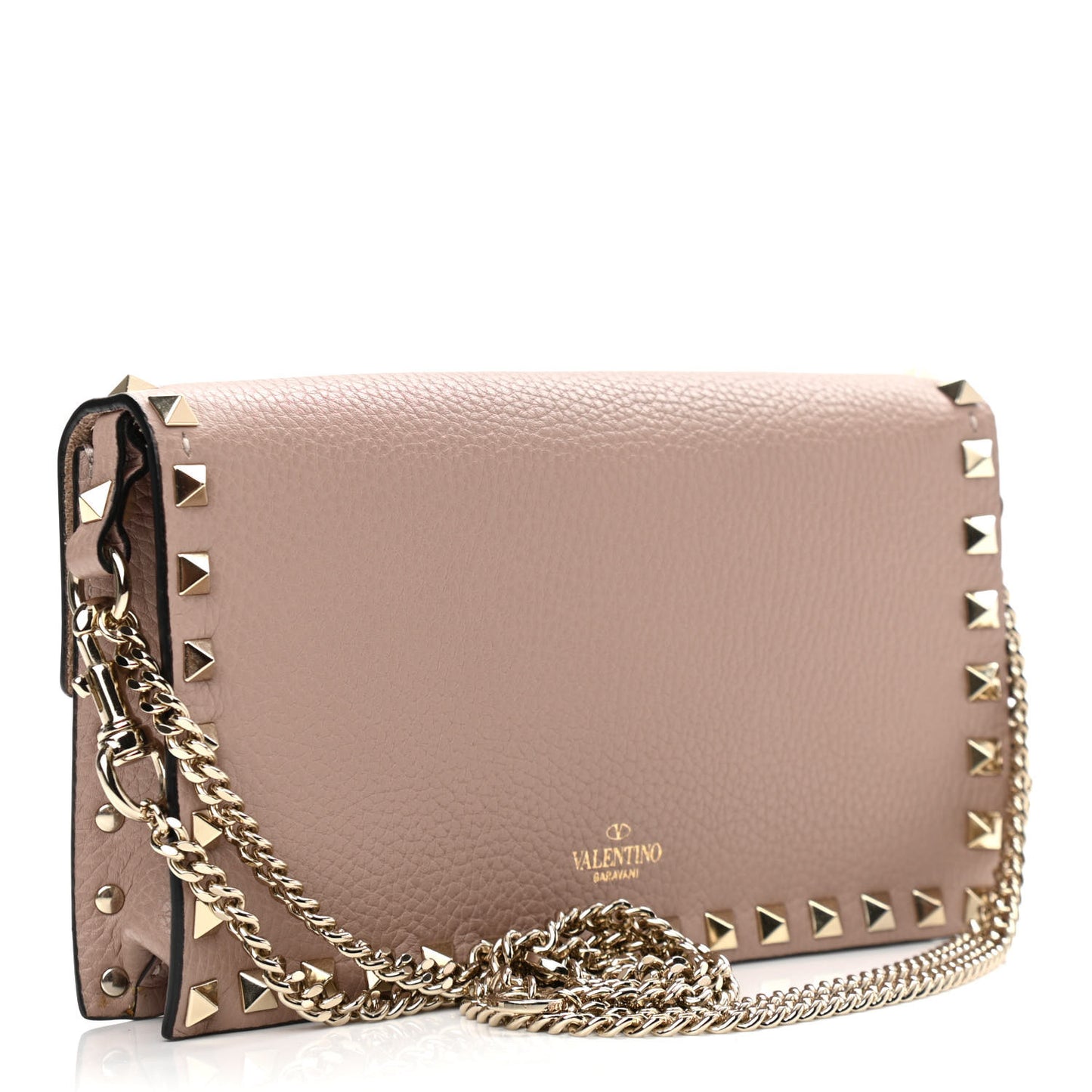 Pebbled Calfskin Rockstud Flap Wallet On Chain Poudre