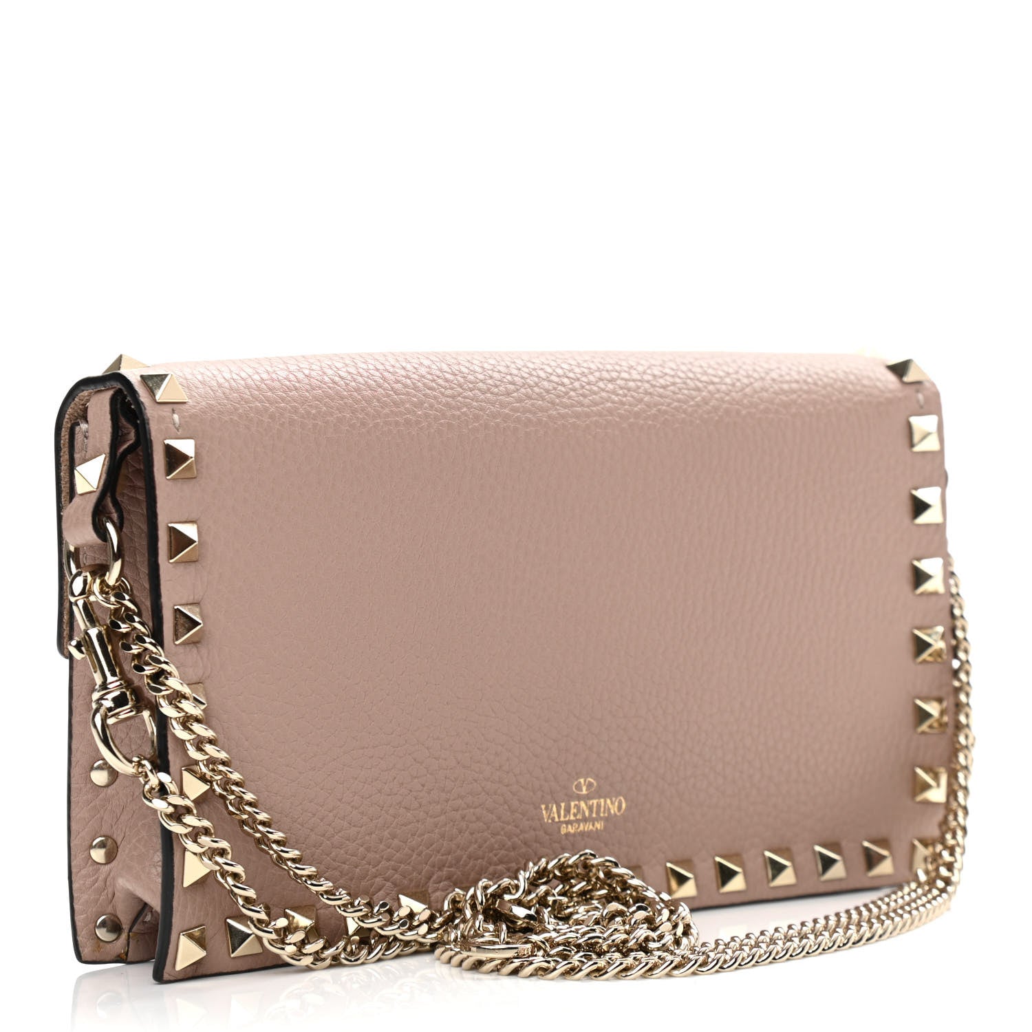 Valentino Garavani Pebbled Calfskin Rockstud Flap Wallet On Chain Poudre 2 of 9