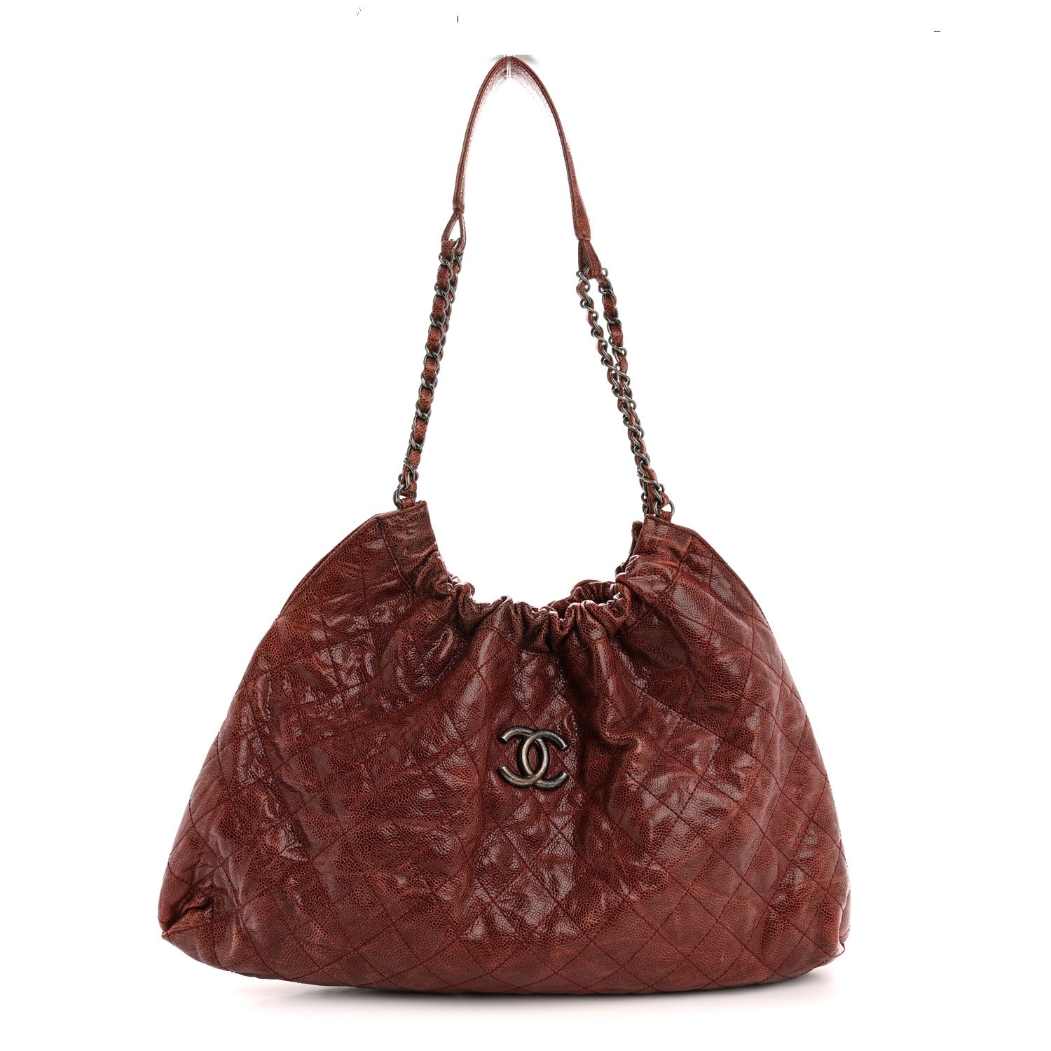 Chanel Crumpled Grained Calfskin Quilted Medium Elastic Tote Burgundy 1 of 12