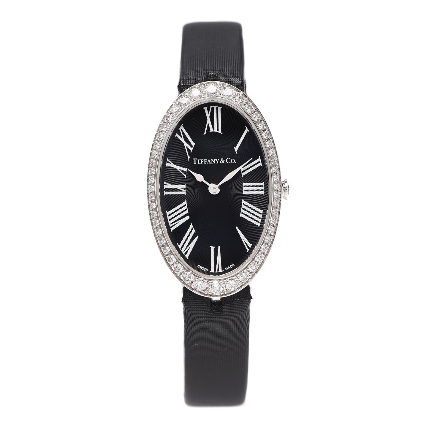 18K White Gold Satin Diamond Bezel 21mm 2-Hand Cocktail Quartz Watch Black