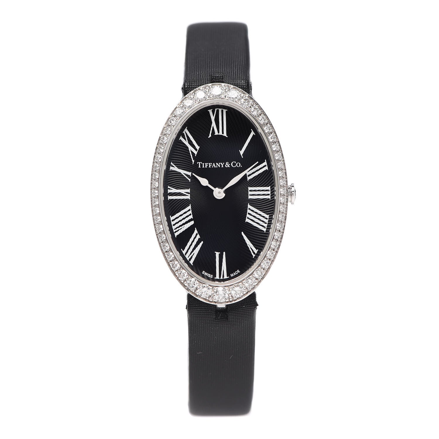 Tiffany 18K White Gold Satin Diamond Bezel 21mm 2-Hand Cocktail Quartz Watch Black 1 of 5