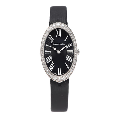 Tiffany 18K White Gold Satin Diamond Bezel 21mm 2-Hand Cocktail Quartz Watch Black 1 of 5