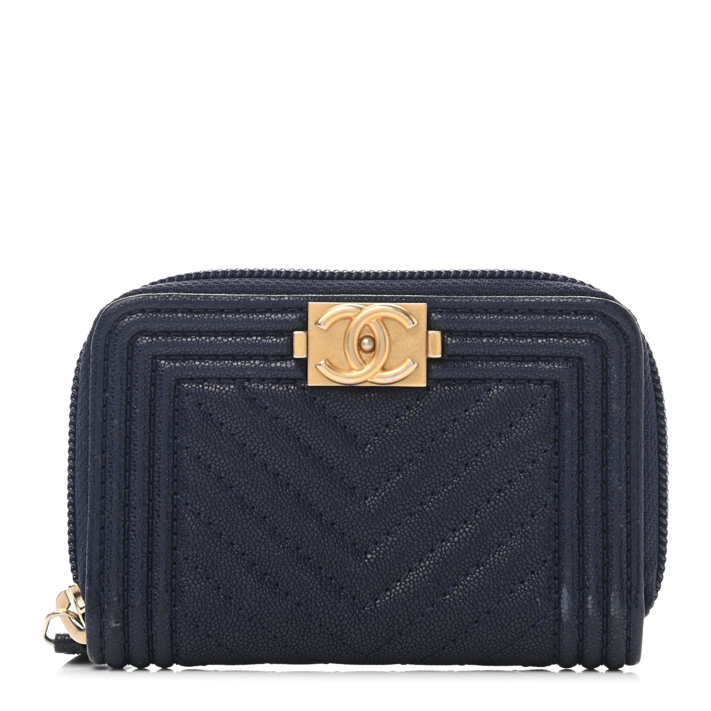 Caviar Chevron Quilted Boy Zip Around Coin Purse Wallet Navy Blue