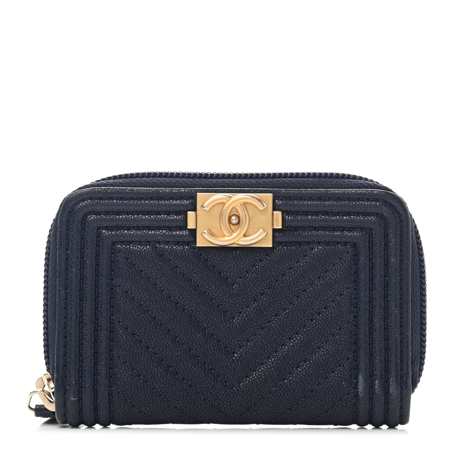 Chanel Caviar Chevron Quilted Boy Zip Around Coin Purse Wallet Navy Blue 1 of 13