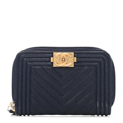 Chanel Caviar Chevron Quilted Boy Zip Around Coin Purse Wallet Navy Blue 1 of 13