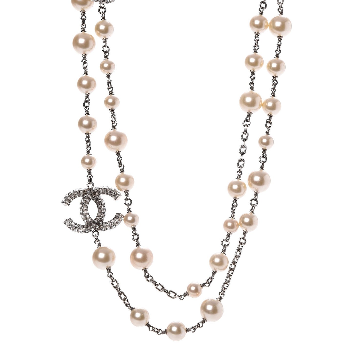 Pearl Baguette Crystal CC Long Necklace Silver