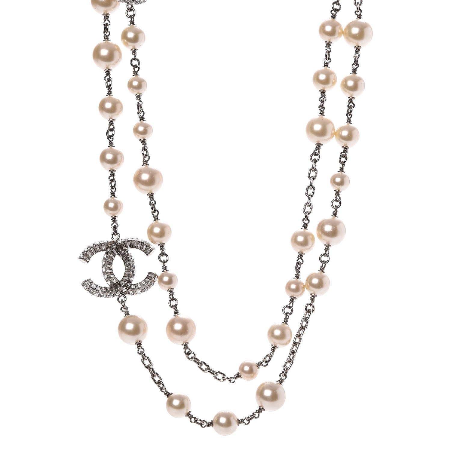 Chanel Pearl Baguette Crystal CC Long Necklace Silver 1 of 6