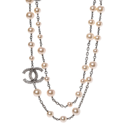 Chanel Pearl Baguette Crystal CC Long Necklace Silver 1 of 6