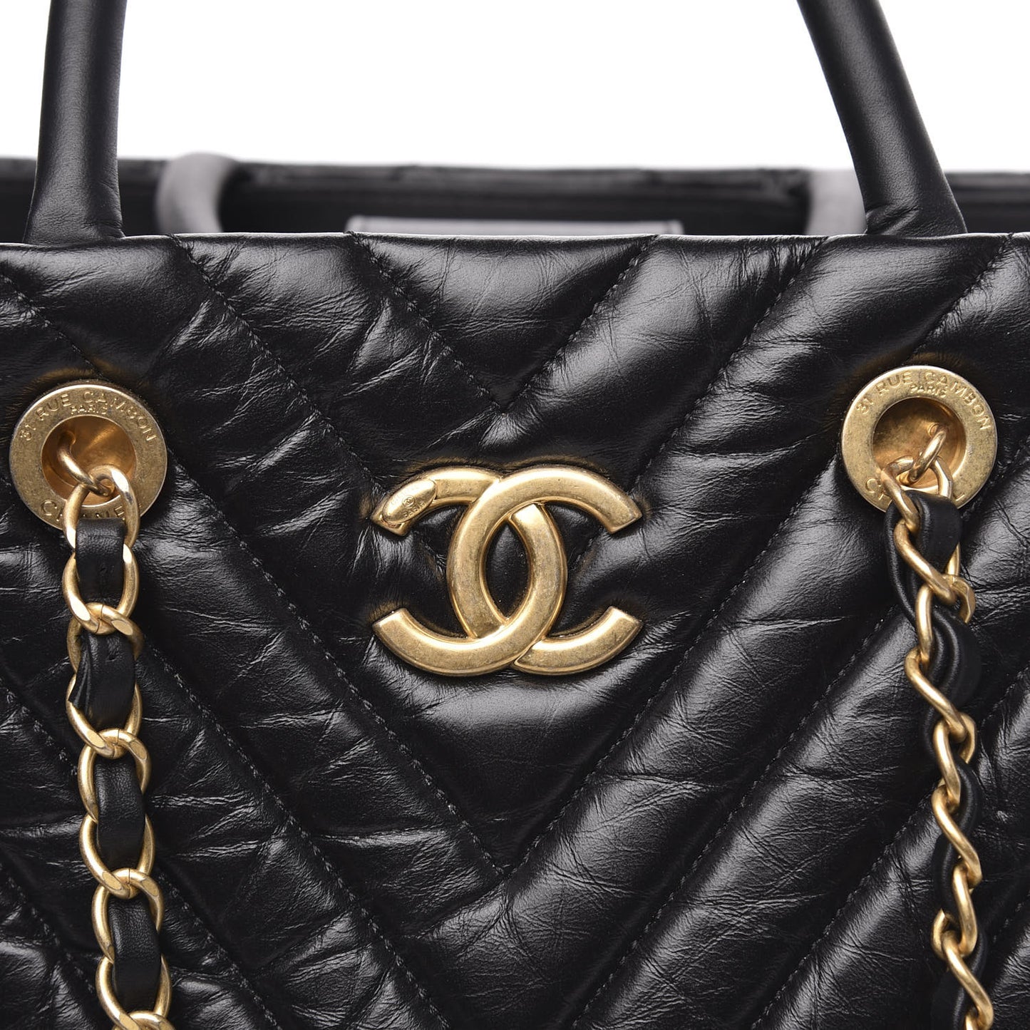 Aged Calfskin Chevron Large Coco Handle Shopping Tote Black