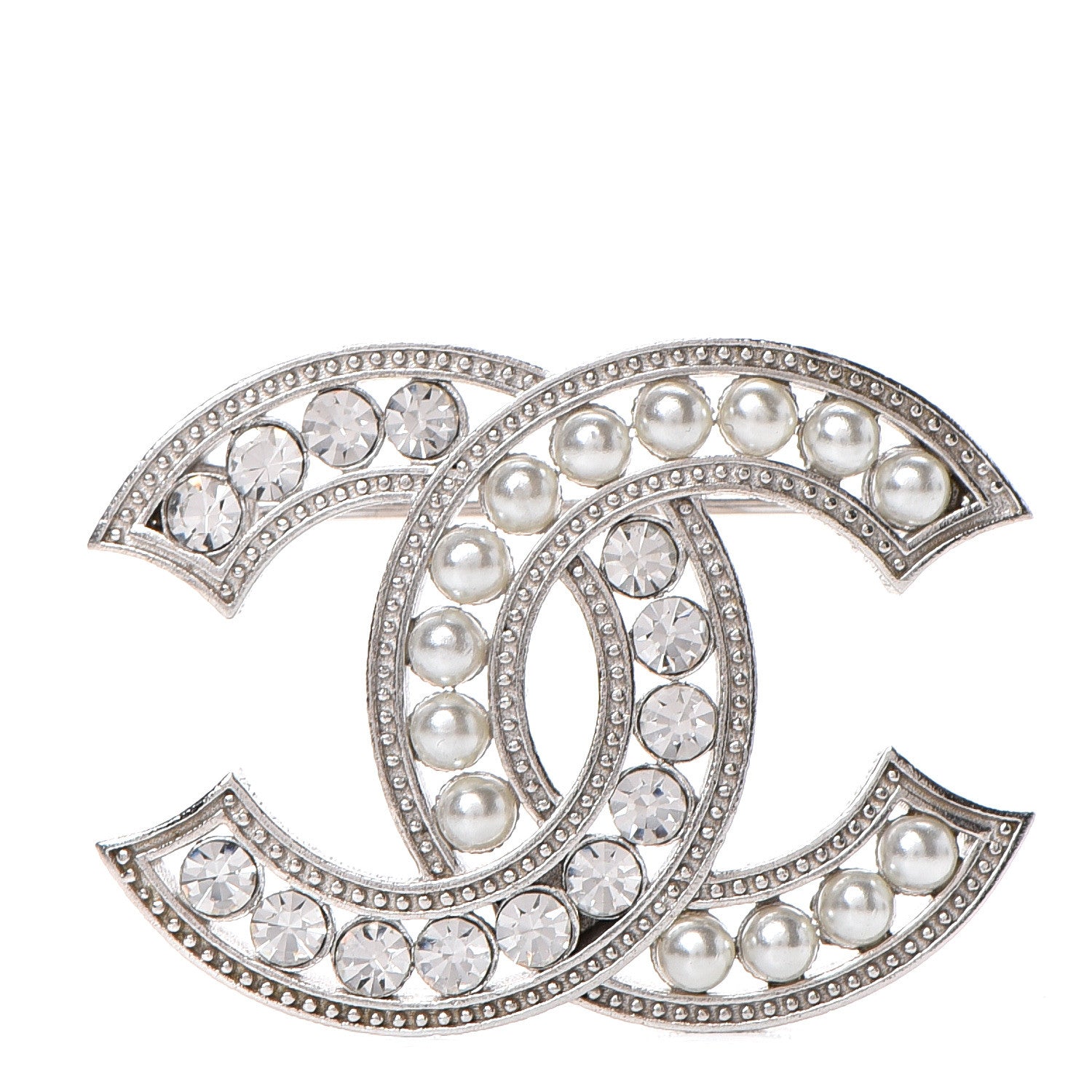 Chanel Pearl Crystal CC Brooch Silver 1 of 3