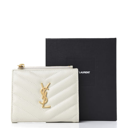 Saint Laurent Grain De Poudre Matelasse Chevron Monogram Zipped Card Case Crema Soft 7 of 7