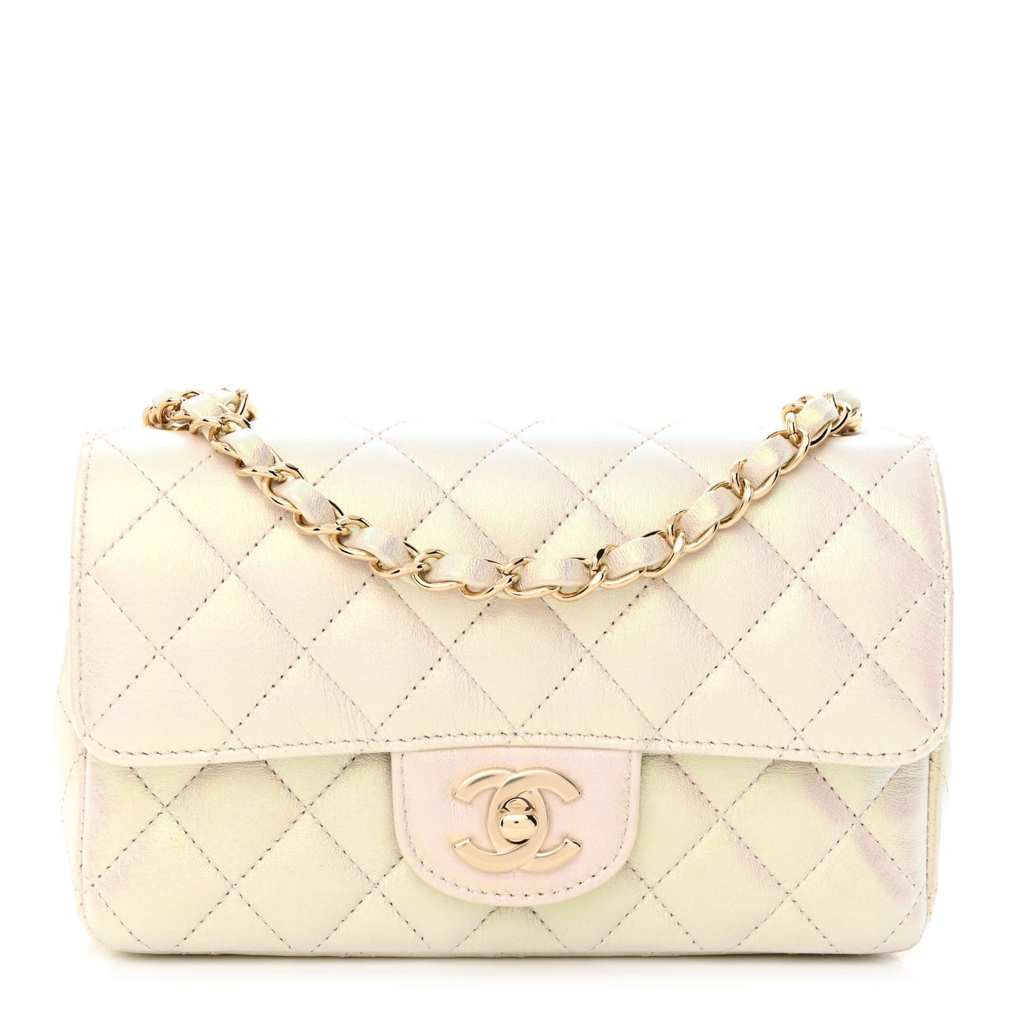 Iridescent Lambskin Quilted Mini Rectangular Flap Ivory