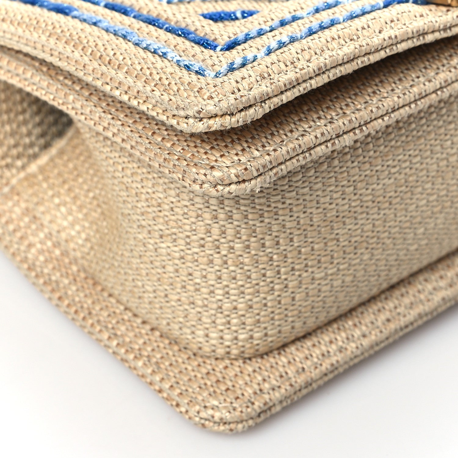 Chanel Cotton Canvas Calfskin Chevron Embroidered Small Boy Flap Beige Blue 8 of 9