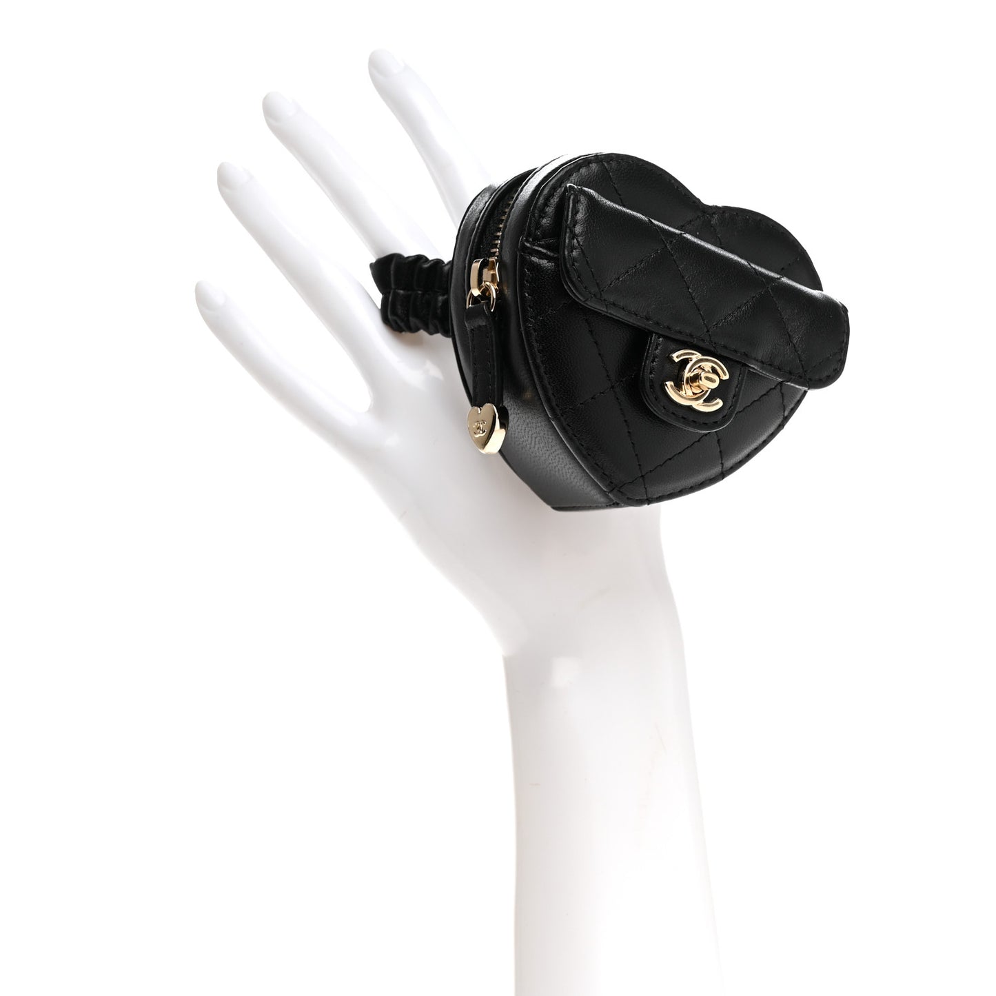 Lambskin Quilted CC In Love Heart Zipped Arm Coin Purse Black