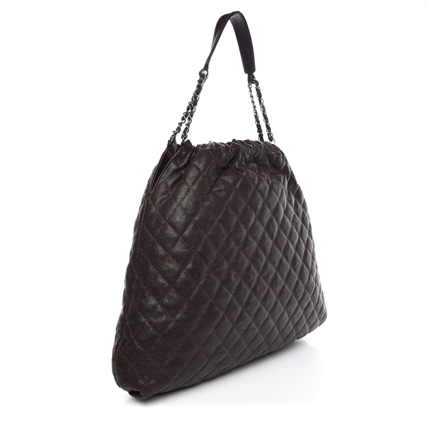 Distressed Glazed Caviar Quilted Large Elastic Tote Dark Brown