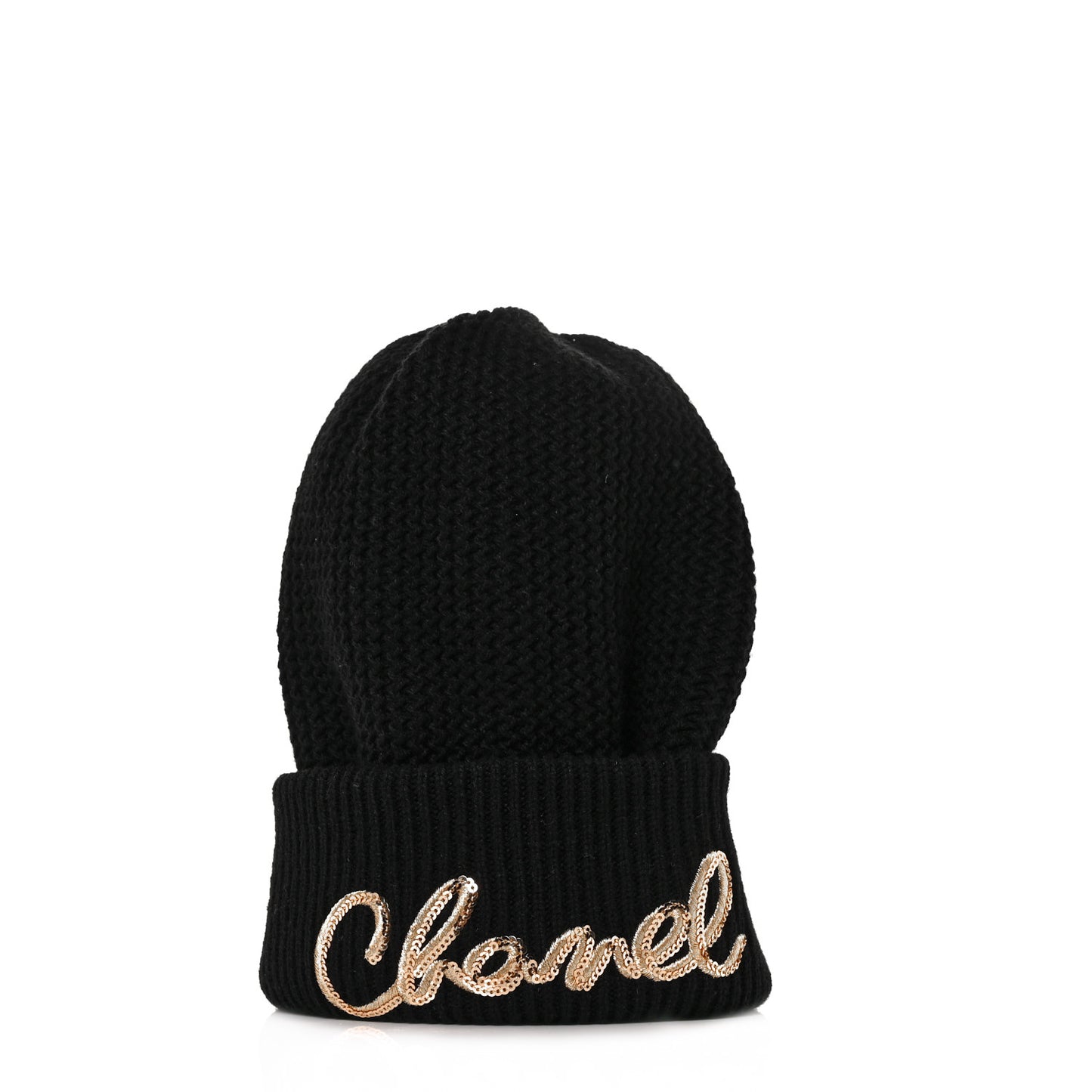 Cashmere Sequin Logo Beanie Hat Black Gold