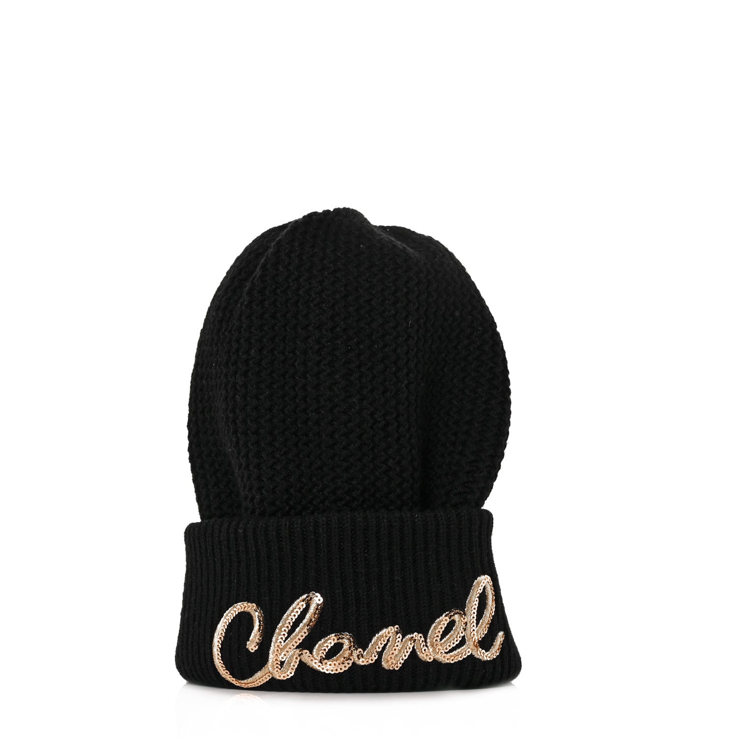 Chanel Cashmere Sequin Logo Beanie Hat Black Gold 1 of 7