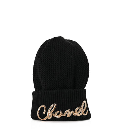 Chanel Cashmere Sequin Logo Beanie Hat Black Gold 1 of 7