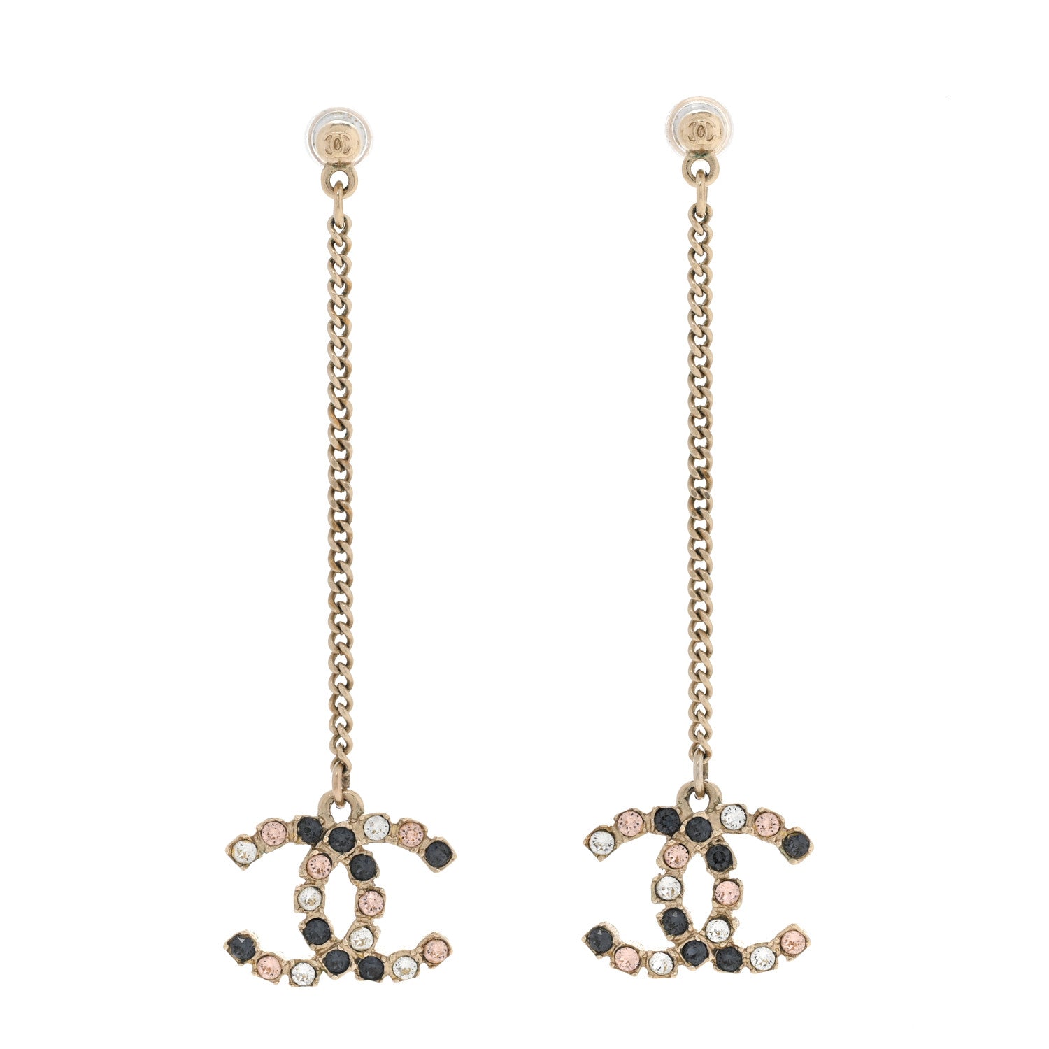 Chanel Crystal CC Drop Earrings Pink Grey Gold 1 of 5