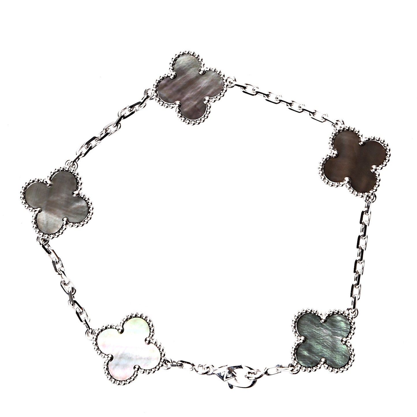 18K White Gold Grey Mother of Pearl 5 Motifs Vintage Alhambra Bracelet