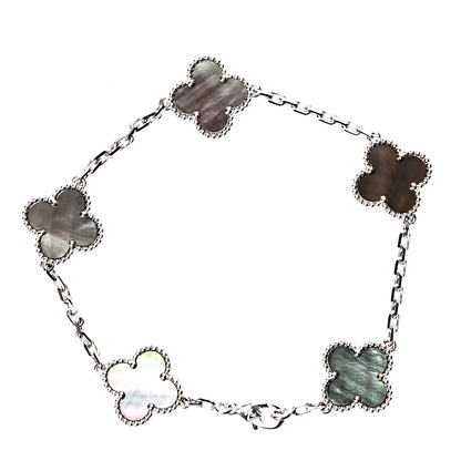Van Cleef & Arpels 18K White Gold Grey Mother of Pearl 5 Motifs Vintage Alhambra Bracelet 2 of 4