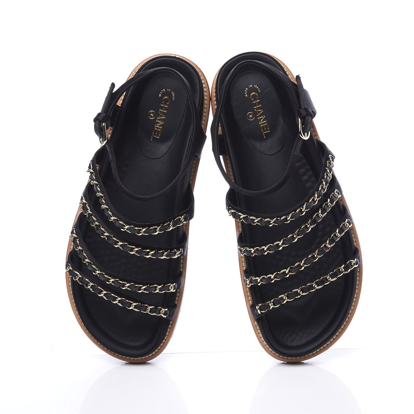 Satin Lambskin Chain Flat Sandals 38.5 Black