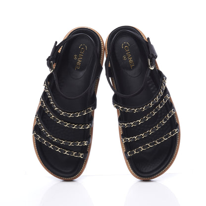 Chanel Satin Lambskin Chain Flat Sandals 38.5 Black 5 of 10