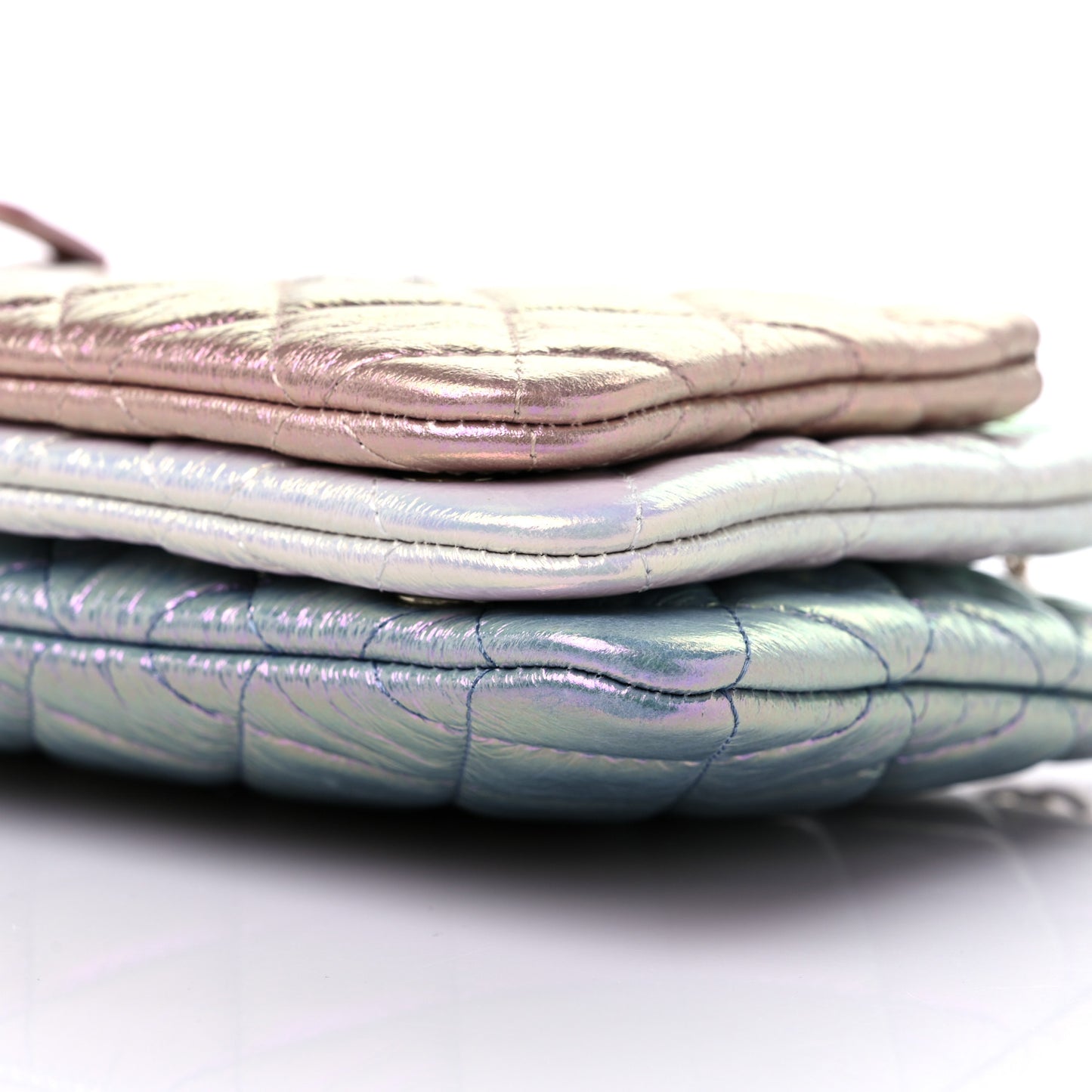 Iridescent Crumpled Calfskin Trio Cosmetic Case Blue Pink Ivory