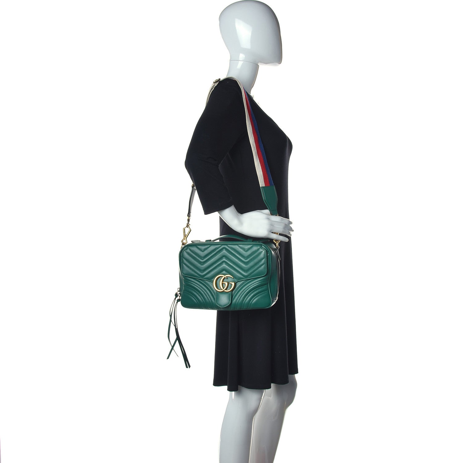 Gucci Calfskin Matelasse Sylvie Web Small GG Marmont Top Handle Shoulder Bag Emerald 1 of 18