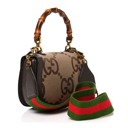 Gucci Monogram Jumbo GG Textured Dollar Calfskin Web Small Bamboo 1947 Top Handle Bag Camel Ebony New Acero 4 of 11