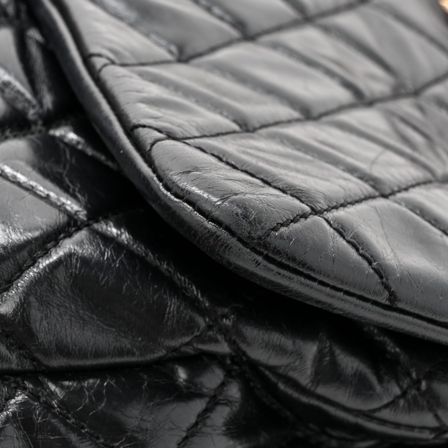 Glazed Calfskin Castle Rock Large Flap Black Burgundy