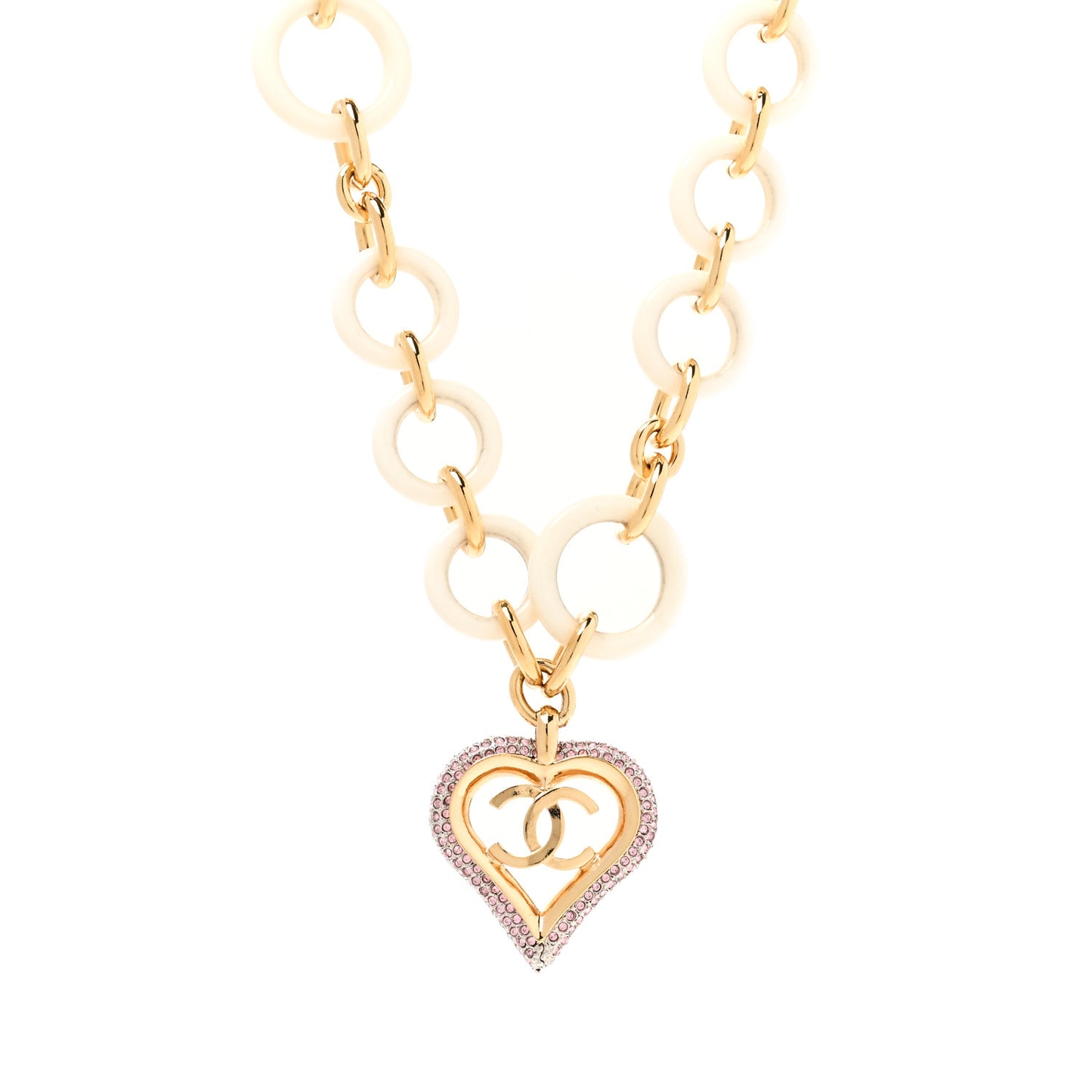 Pearl Crystal Resin CC Heart Necklace Pink Gold White