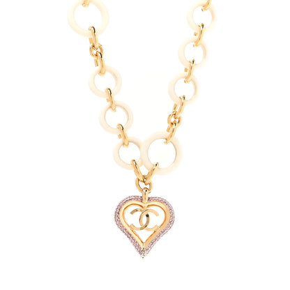 Chanel Pearl Crystal Resin CC Heart Necklace Pink Gold White 1 of 6