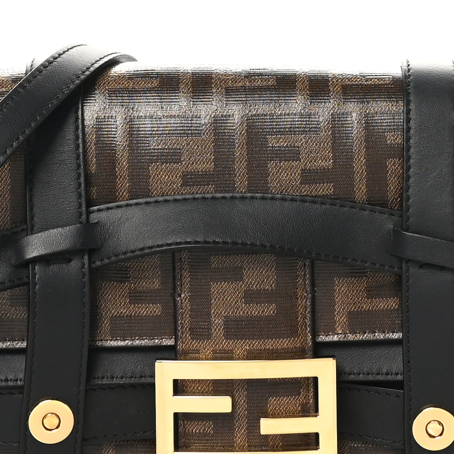 Glazed Fabric Vitello Century FF 1974 Large Baguette Cage Mogano Panna Black