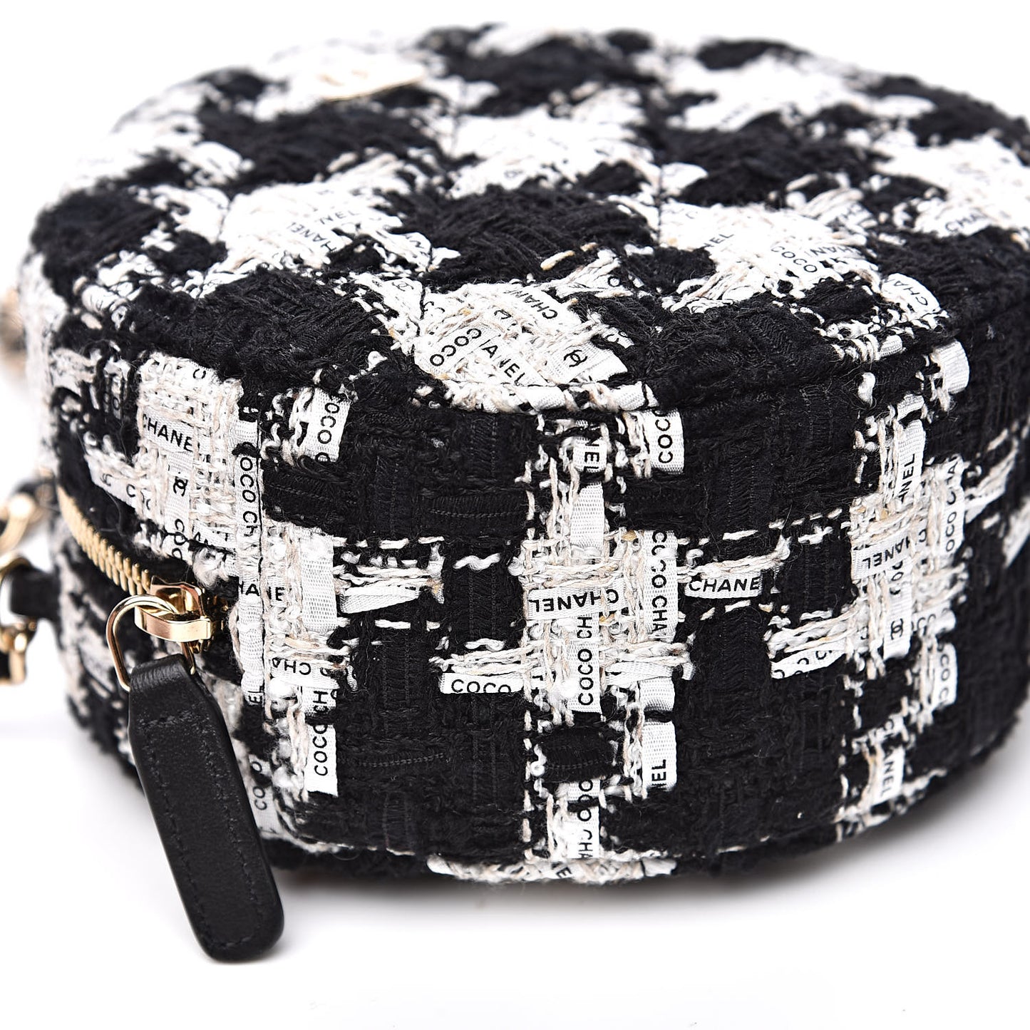 Tweed Round Clutch With Chain Black White