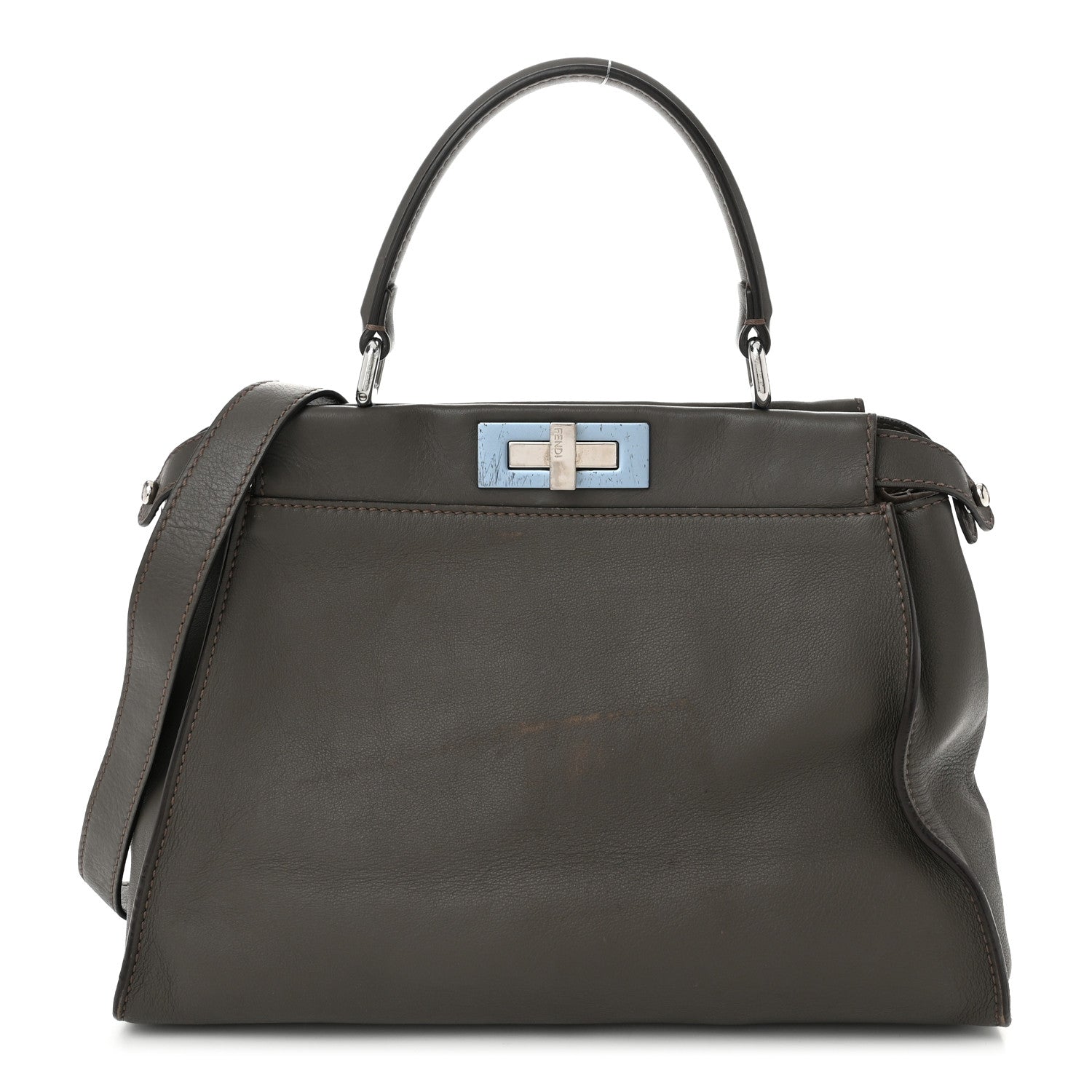 Fendi Vitello Seta Shiny Nappa Medium Peekaboo Iconic Satchel Carbone Grigio Polvere 1 of 12