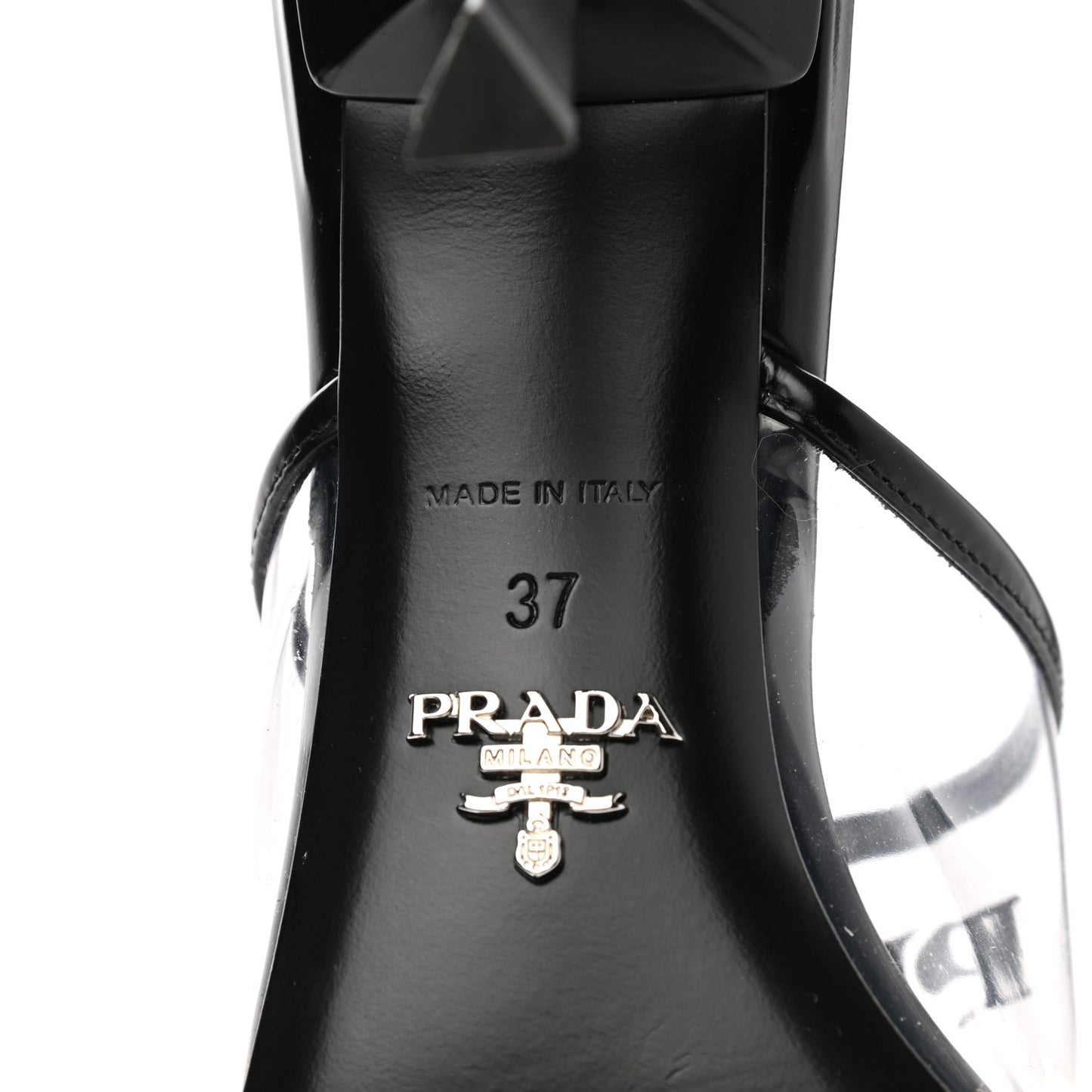Plexiglass Calfskin Metal Triangle Logo 75mm Slide Sandals 37 Black