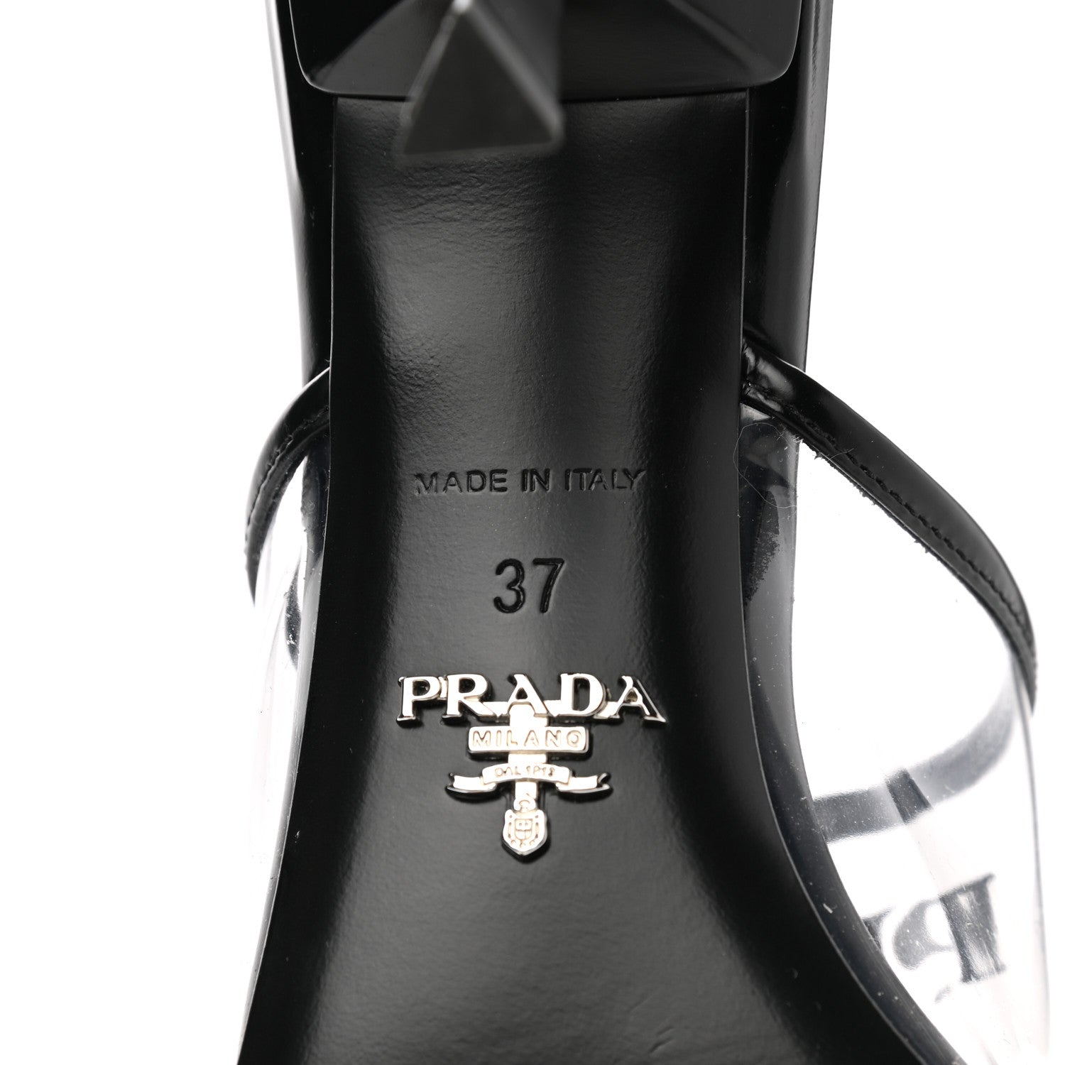 Prada Plexiglass Calfskin Metal Triangle Logo 75mm Slide Sandals 37 Black 8 of 12