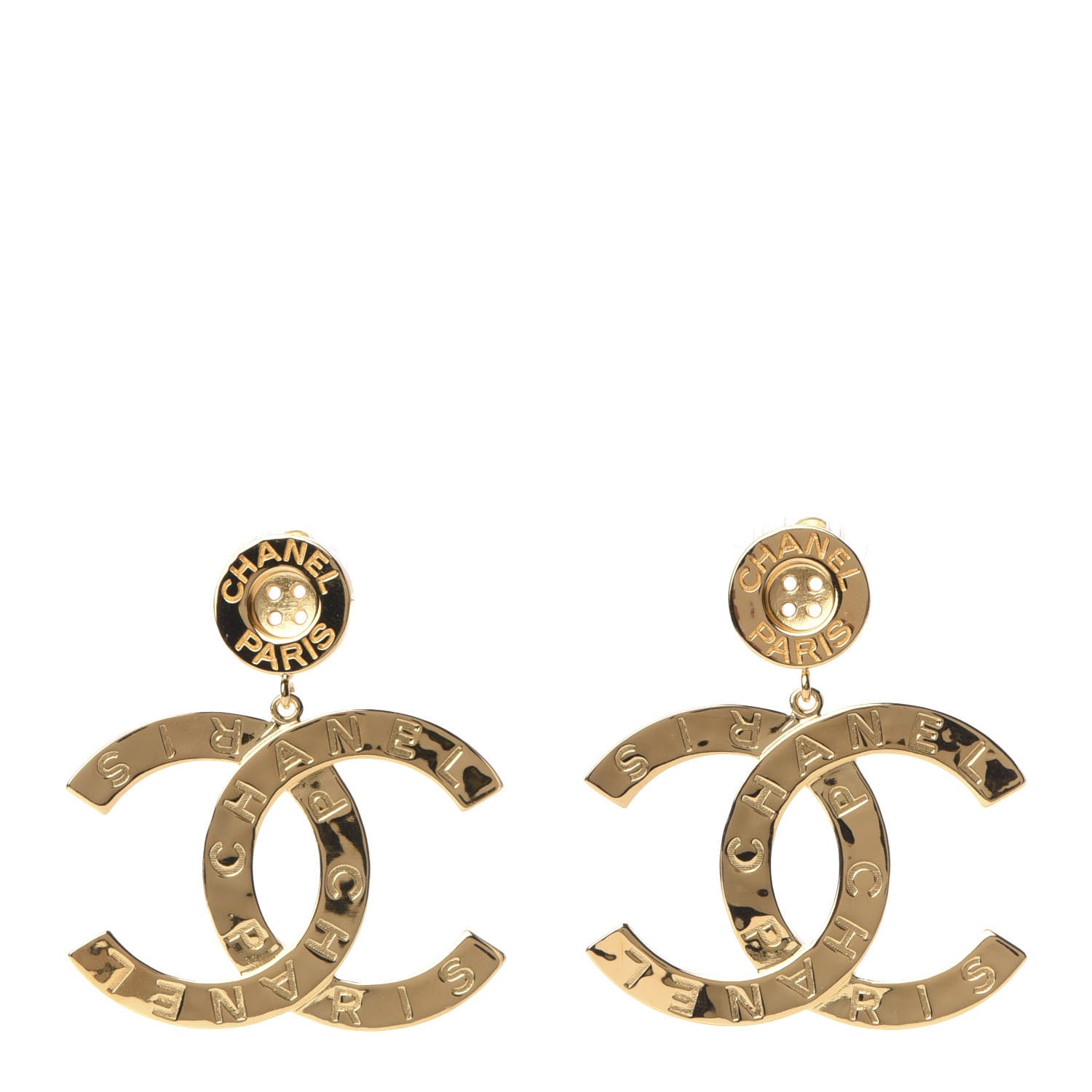 Chanel Metal Large Paris Button Earrings Gold 1 of 5