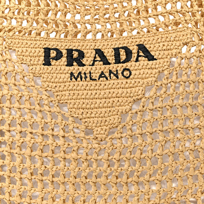 Prada Yarn Raffia Effect Crochet Logo Embroidered Tote Bag Naturale 8 of 10