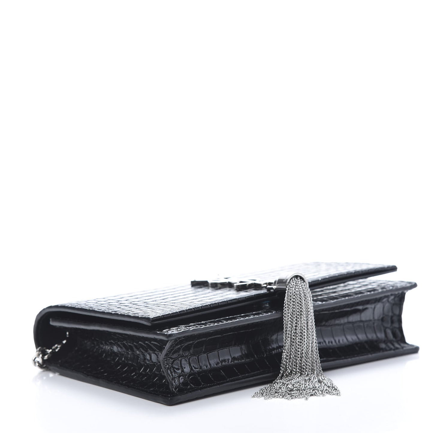 Calfskin Crocodile Embossed Kate Monogram Tassel Chain Wallet Black