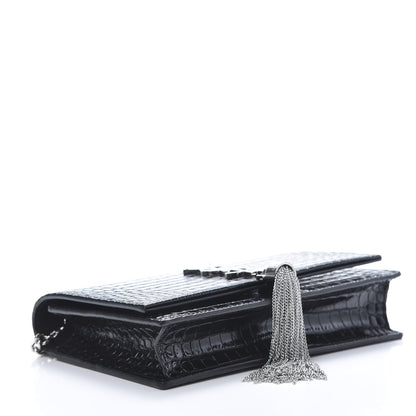 Saint Laurent Calfskin Crocodile Embossed Kate Monogram Tassel Chain Wallet Black 5 of 12