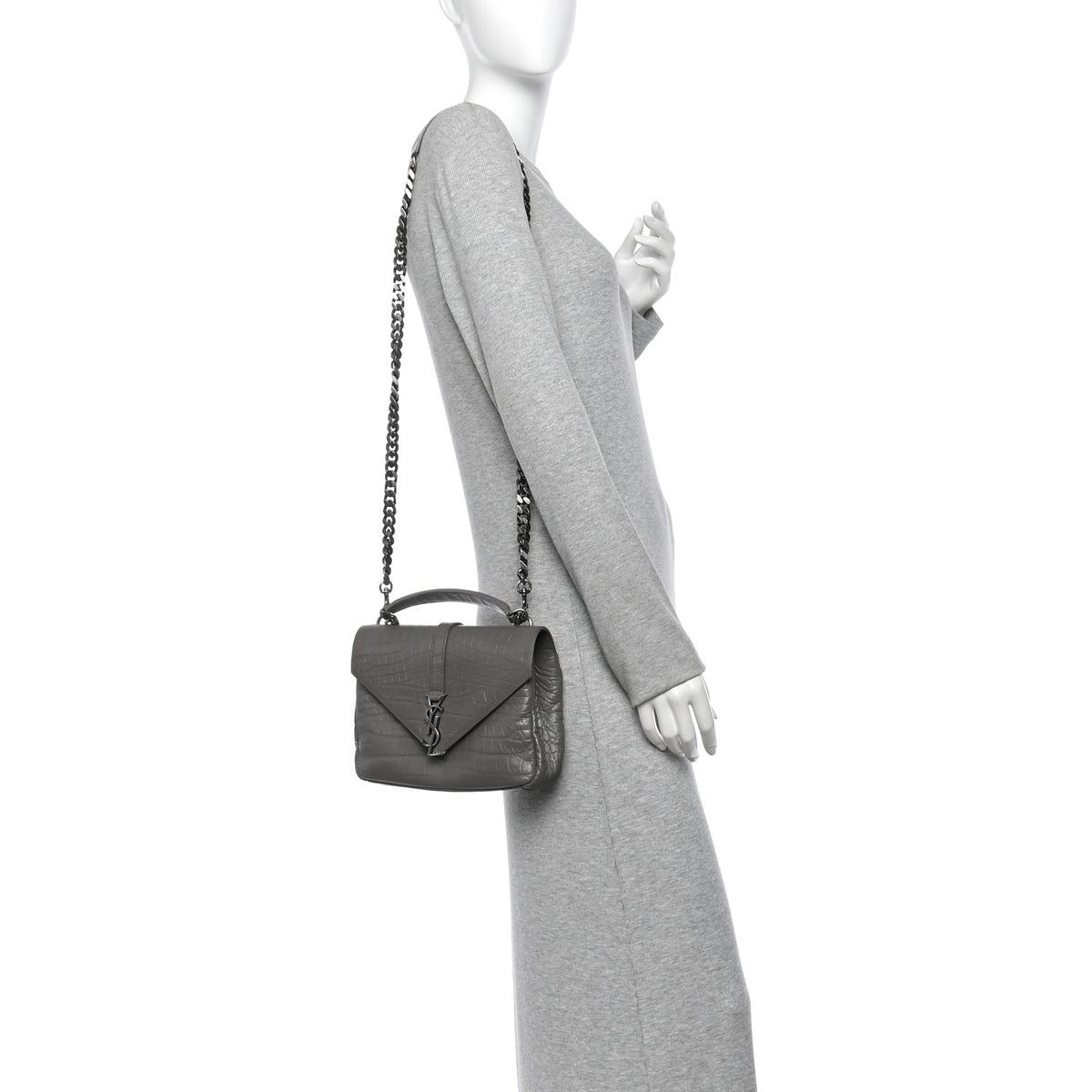 Calfskin Crocodile Embossed Medium College Monogram Satchel Gray
