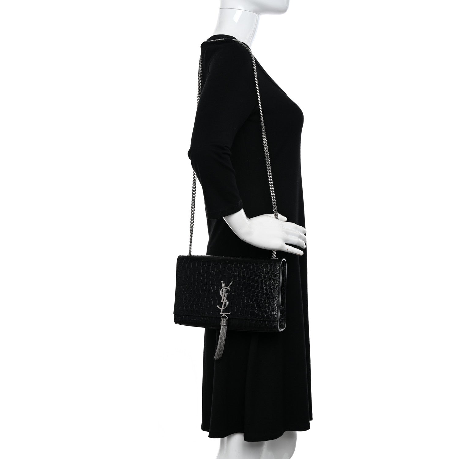 Saint Laurent Calfskin Crocodile Embossed Medium Classic Monogram Kate Tassel Satchel Black 2 of 10