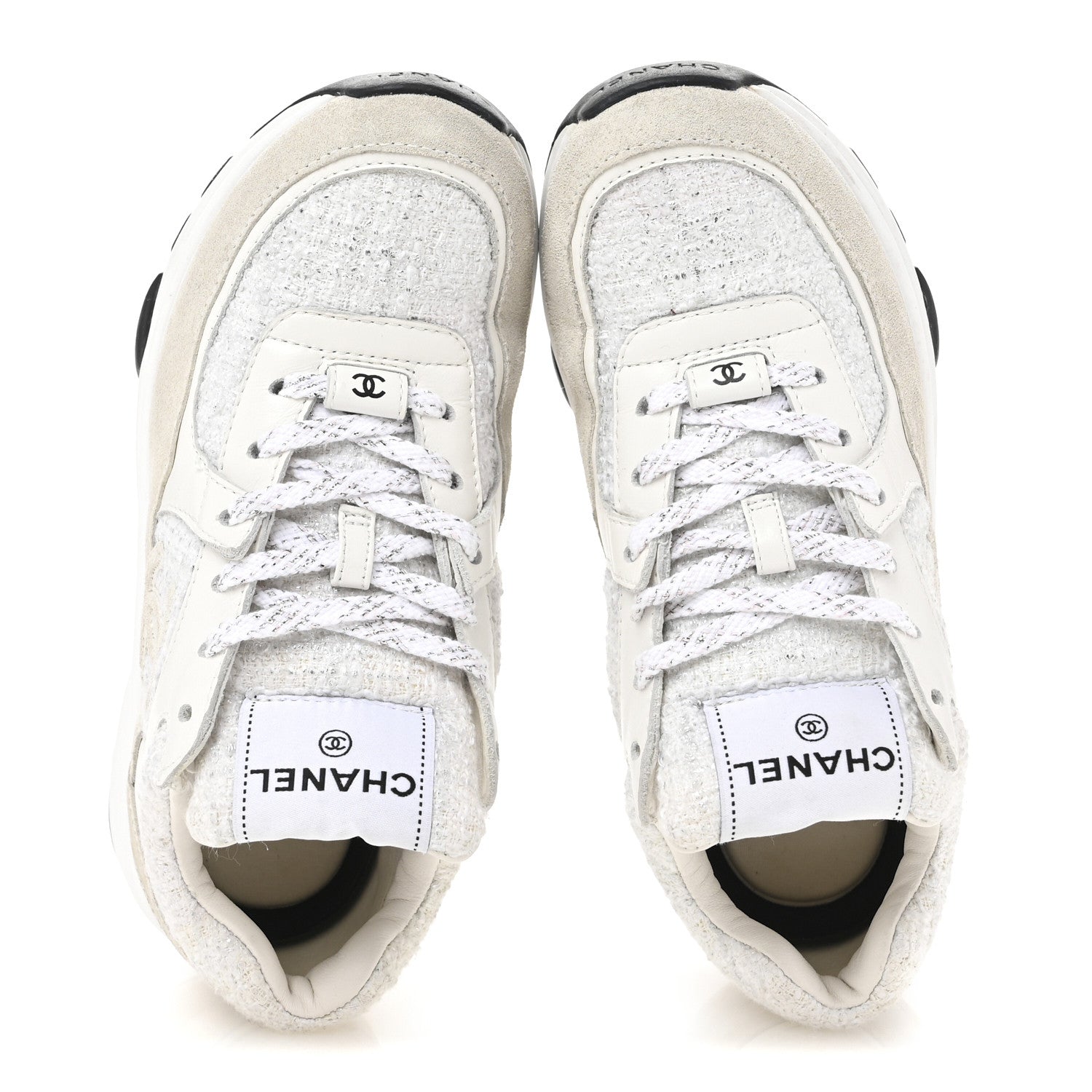 Chanel Painted Iridescent Cotton Tweed Suede Calfskin Womens CC Sneakers 35.5 White Silver Multicolor 2 of 9