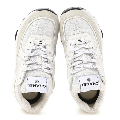 Chanel Painted Iridescent Cotton Tweed Suede Calfskin Womens CC Sneakers 35.5 White Silver Multicolor 2 of 9