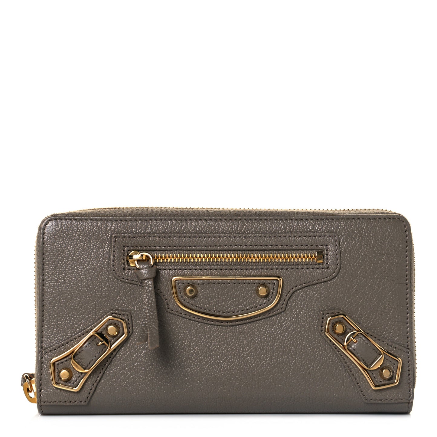 Chevre Gold Metallic Edge Hardware Zip Around Wallet Gris Taupe