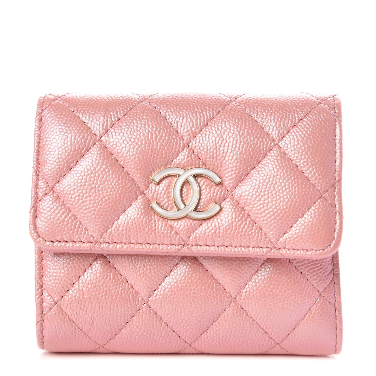 Iridescent Caviar Quilted Small Flap Wallet Rose Pink