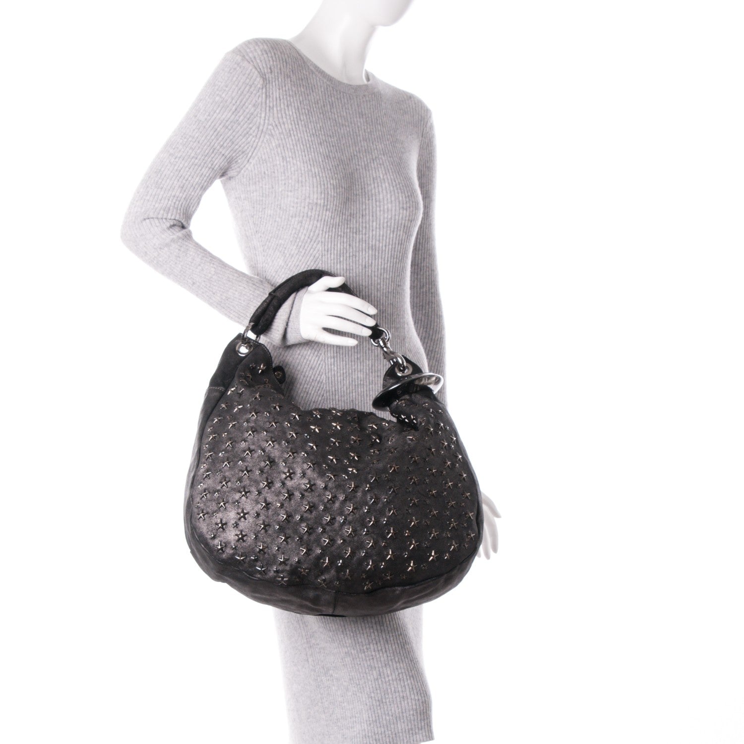 Jimmy Choo Metallic Calfskin Star Studded Large Sky Hobo Anthracite 2 of 6